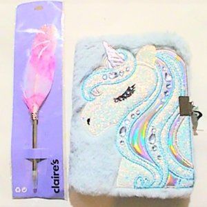 New- Claire's" Miss Glitter Unicorn Plush Diary" And Glittery Ombre Feather Pen